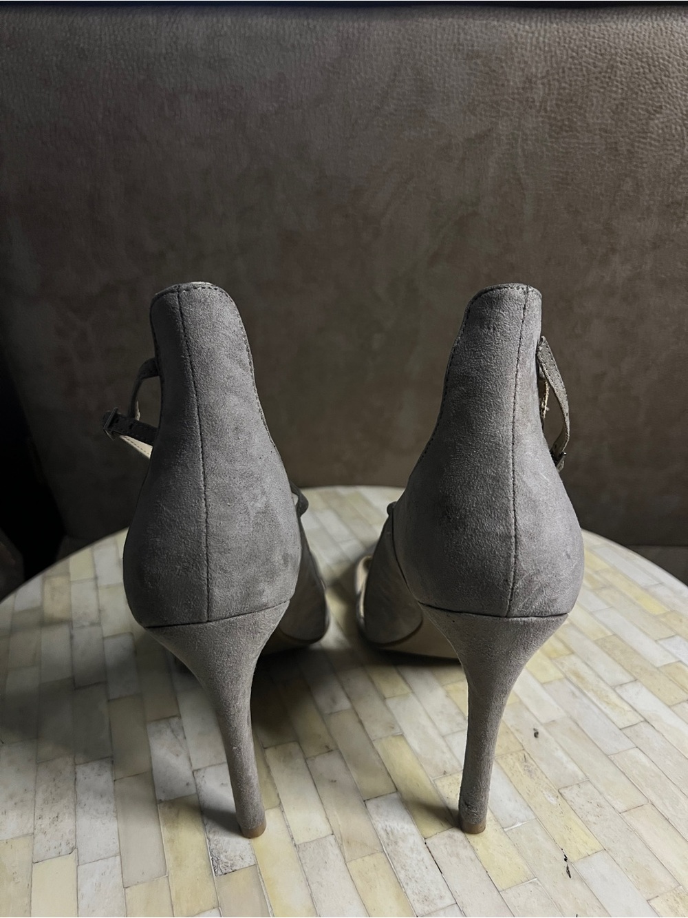 Izabella Rue Gray Suede Pointed-Toe Ankle-Strap Heels - Picture 4 of 7